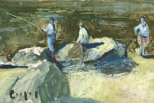Impressionist Fishing Scene - Oil Painting - Indistinctly Signed - 20th Century - Picture 1 of 8
