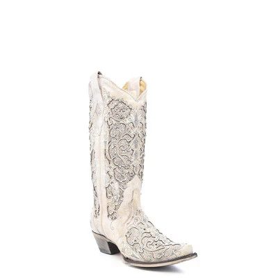 Botas vaqueras Corral de cuero de vaca blancas con incrustaciones para dama Foto 1 de 4