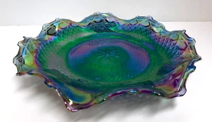 VTG Indiana Carnival Glass Plate Iridescent Blue Ruffled Edge Diamond Back 10" - Picture 1 of 7