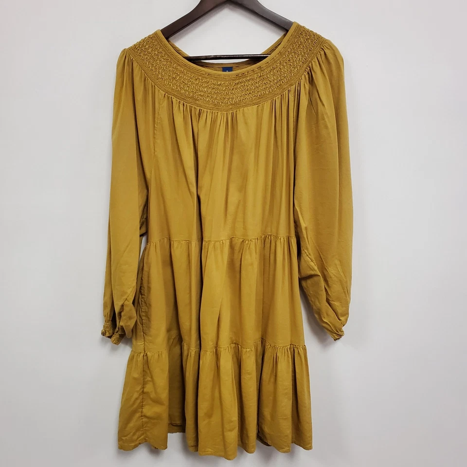 Old Navy Womens Long Sleeve Tiered Peasant Dress Size XL Yellow Smocked Pockets - Image 1 of 4
