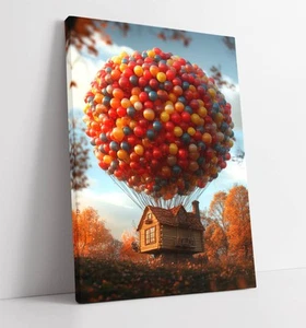 HOUSE WITH BALLOONS IN THE SKY -PREMIUM FRAMED CANVAS ART PICTURE PRINT - Picture 1 of 3