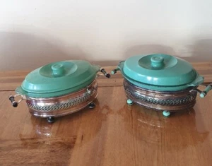 2xAntique Australian Agee pyrex Green Frosted glass casserole W metal tray30s - Picture 1 of 12