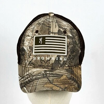 Browning RealTree Camo w/Brown Mesh &  Flag on Front Snapback Hat - Image 1 of 4