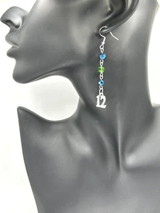 Seattle Seahawks "12" Dangle Earrings Sparkling Green/Blue Glass Beads 12th Man - Picture 1 of 6
