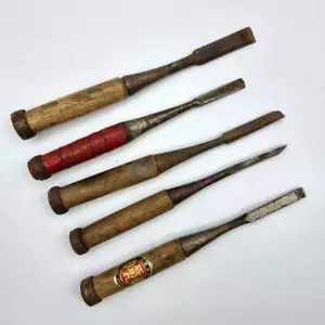 Holzschnitzerei gerader Rand Meißelausschnitt 5er Set Vintage alte Werkzeuge Togawa Japan - Bild 1 von 9
