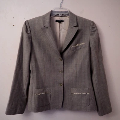 Blazer TAHARI beige a rayas mezcla de lana ribete de encaje tres botones talla 12 Foto 1 de 3