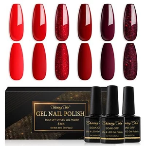 UV Nagellack Rot6 Farben Glitzer Rot Burgunder Dunkel Gel Nagellack Set Soak-... - Bild 1 von 7
