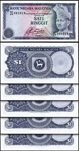 Malaysia 1 Ringgit 1976 - 1981, aAU / UNC, 5 Pcs LOT, P-13b - Picture 1 of 4