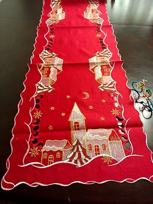 16x72"Embroidered Christmas Tablecloth Snowy House Table Runner Home party decor - Image 1 of 4