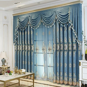 Chenille embroidered European blue cloth curtain tulle valance drape C1296 - Picture 1 of 7