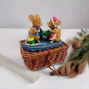 NEW Mice Figurines Knitting On Basket Ornament Decorative Collectable filled  - Picture 1 of 5