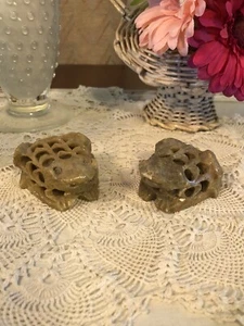 Two Carved Soapstone Frogs Surprise Belly Sculptures Tiny Frog Garden Decoration - Picture 1 of 18