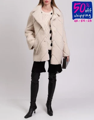 RRP€2985 OFF-WHITE Shearling Coat IT40 US4 UK8 S Embroidered Chevron Collared - Image 1 of 4