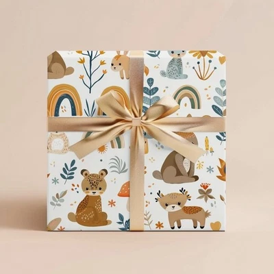 Woodland Animal Wrapping Paper, Boho Baby Shower or Kid Birthday Roll Gift Wrap - Image 1 of 4