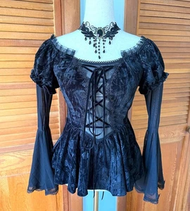 Devil Fashion Gothic Victorian Vampire Black Velvet Rose Princess Peplum Top M - Bild 1 von 15