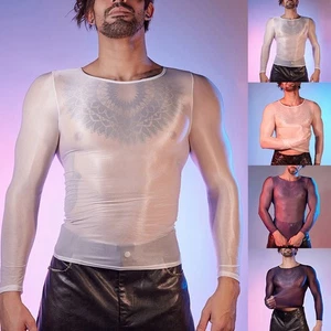 See Through Men's Sheer Tights Oil Shiny Long Sleeve Top O Neck Sexy Lingerie - Picture 1 of 41