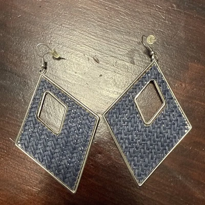 Costume Earrings Dangle Drop Silver Tone Denim Blue Stitch Fabric Design - Image 1 of 4