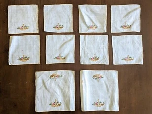 Set of 10 Vintage hand-embroidered fabric squares w/ multicolor floral basket - Picture 1 of 13