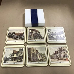 Vtg Pimpernel Cork Square Coasters Set of 6 English Inns - Picture 1 of 6