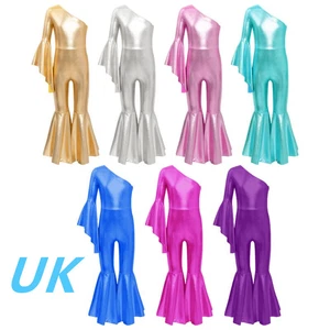 AU Girls Shiny Metallic One Shoulder Catsuit Bell Bottom Jumpsuit Dancewear - Picture 1 of 55
