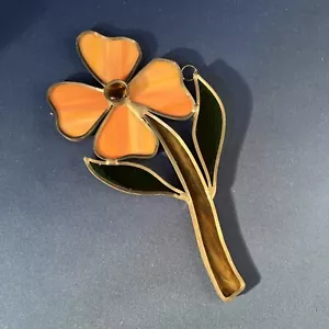 Vtg Hand Crafted Stained Glass Peach Flower Sun Catcher Hanging - Picture 1 of 5