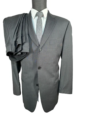HUGO BOSS Mens Gray Wool Pinstripe Pleated 2 Pc Suit 41R Jacket 35x30 Pant - Image 1 of 4