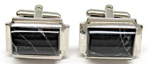 Natur Wunschstein Manschettenknöpfe Silber Schwarz mit weißen Linien Vintage Herrenmode - Bild 1 von 4