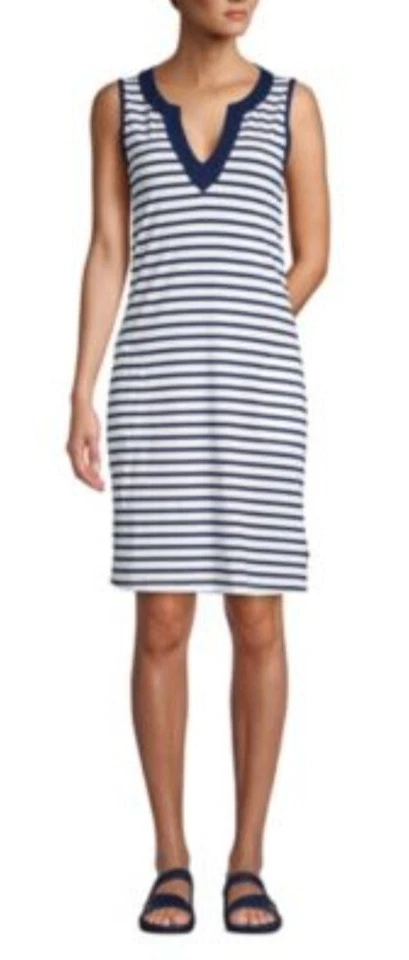 Vestido/cobertura Lands End feminino azul marinho/branco listrado algodão sem mangas tamanho 3X - Imagem 1 de 4