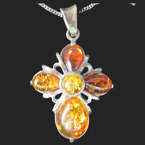 Sterling Silber und Bernstein Kreuz Anhänger Halskette 925 Polen 17,5 in Kette - Bild 1 von 5
