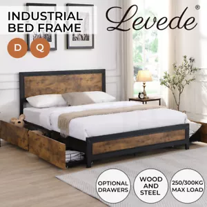 Levede Bed Frame Industrial Double Queen Mattress Base Wood (4 Drawers Optional) - Picture 1 of 42