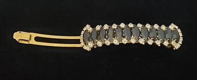 VTG RHINESTONE CRYSTAL BLACK ENAMEL GOLDTONE HAIR BARRETTE 3.5"L MADE IN FRANCE  - Image 1 of 4