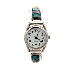 Signierte Earl Klempner Navajo Uhr eingelegt Edelstein Sterlingsilber Indianer - Bild 1 von 13