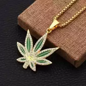 Trendige Strass Nieten Unkraut Blatt Anhänger Halskette, Schmuck Gold - Bild 1 von 4