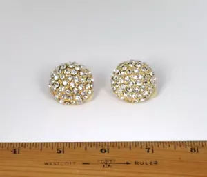 VTG 1950s GOLDEN DOMED CRYSTAL RHINESTONE RUNWAY EARRINGS 1 1/16" DIAMETER - Picture 1 of 11