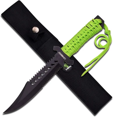 – Fixed Blade Survival Knife – Partially Serrated Black Steel Blade with Sawback - Image 1 of 4