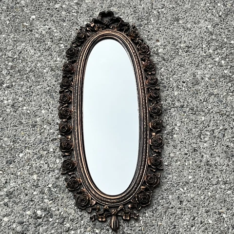 Mid Century Mod Dart 25” Framed Copper Oval Wall Mirror Gold Roses Vintage Cover
