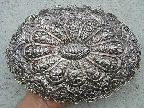 ANTIQUE 900 SILVER OVAL FLORAL REPOUSSE CHASE HANGING WEDDING MIRROR, 9.25" X 7" Cover