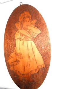 Antique Pyrography Flemish Art Wall Art - Dutch Girl - 113/4 " - Picture 1 of 4