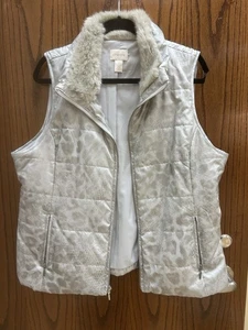 Chico's Size 2 Silver Puffer Vest With Fur Collar - Picture 1 of 5