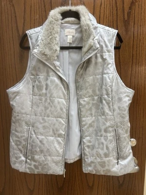 Chico's Size 2 Silver Puffer Vest With Fur Collar - Image 1 of 4