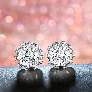 Shiny Round Zircon Stud Earrings Silver Plated Anti-Tarnish with Crushed Ice Cut - Picture 1 of 7