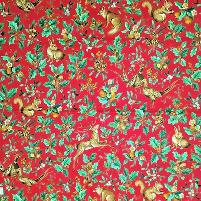4 Yds + 15" x42" Red with Holly Acorns Mistletoe Animals Cranston VIP Christmas - Image 1 of 3