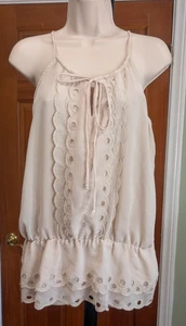 Mystree Women's Top S Beige Sheer Ruffles Spaghetti Strap Cropped Halter - Picture 1 of 11