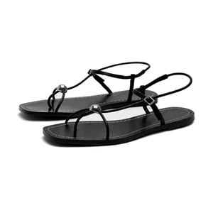 Sandalias planas con tiras para mujer punta cuadrada abierta tanga bola plateada negro verano talla 8 - Imagen 1 de 3