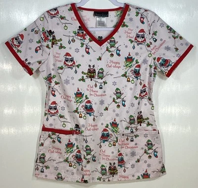 Christmas Scrub Top womens size S Small Owls Happy Owl-idays Holiday Snowflakes - Image 1 of 3
