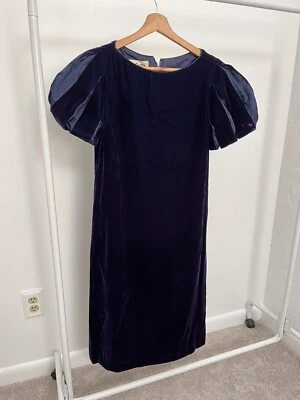 Vestido Victor Costa Vintage Años 80 90 Azul/Púrpura Terciopelo Manga Abullonada Talla 4 Foto 1 de 4