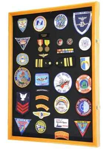 Pin Medal Display Case XL Badge Patch Flag Oak Wood Military Cabinet Shadow Box - Picture 1 of 15