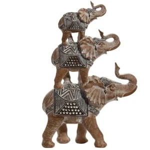 Wooden Effect Stack of Elephants Ornament Made of Resin Height 25 cm - Picture 1 of 5