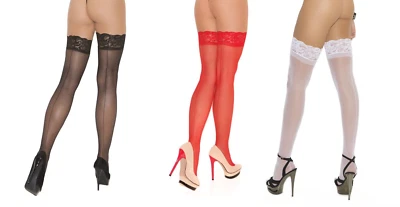 Sheer Thigh Highs Lace Top Back Seam Nylons Stockings Hosiery 1702 - Image 1 of 2