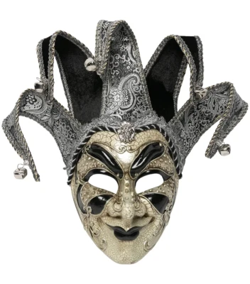 Masquerade Silver/Black/ Hand Painted Jester  Full Costume Mask W/ Studded Bells - Image 1 of 2
